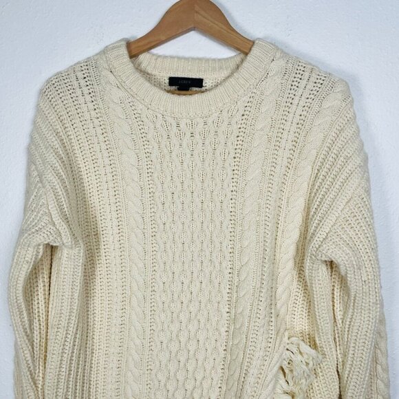 JCREW Cream Oversize Wool Blend Cable knit Fringe Asymmetrical Sweater Size: XS - Picture 4 of 13